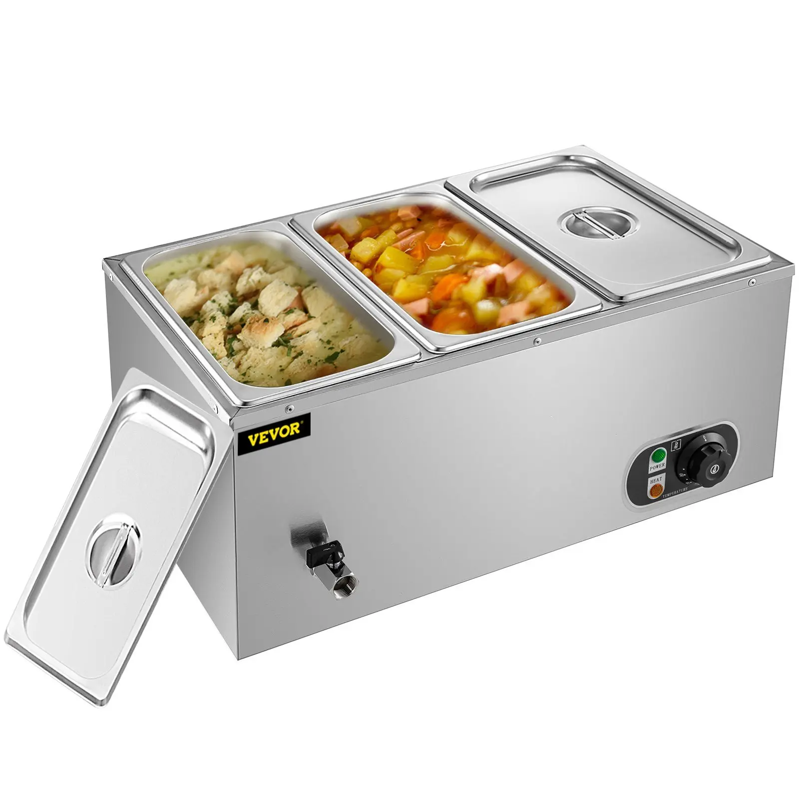 Commercial Food Warmer 3-Pan 850W Electric Countertop Steam Table 15cm/6inch Deep Stainless Steel Bain Marie Buffet Food Warmer