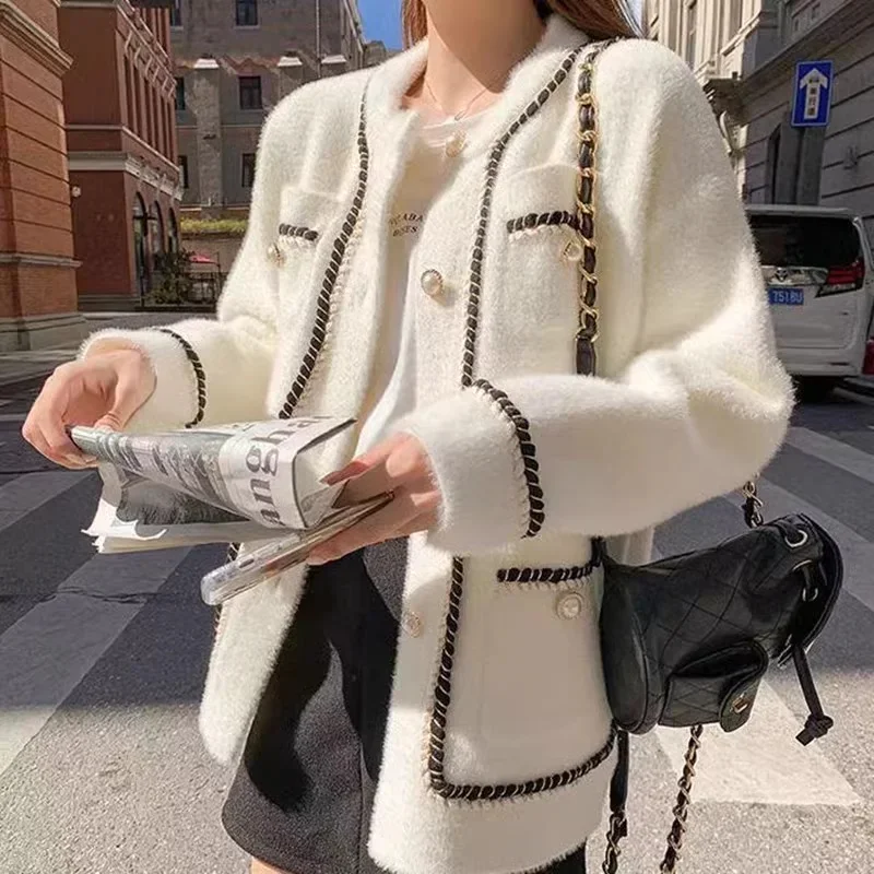 New Chic White Mink Cashmere Sweater Coat Women Autumn Winter Korean Retro Black Loose O-Neck Knitted Cardigan Fashion Outwear