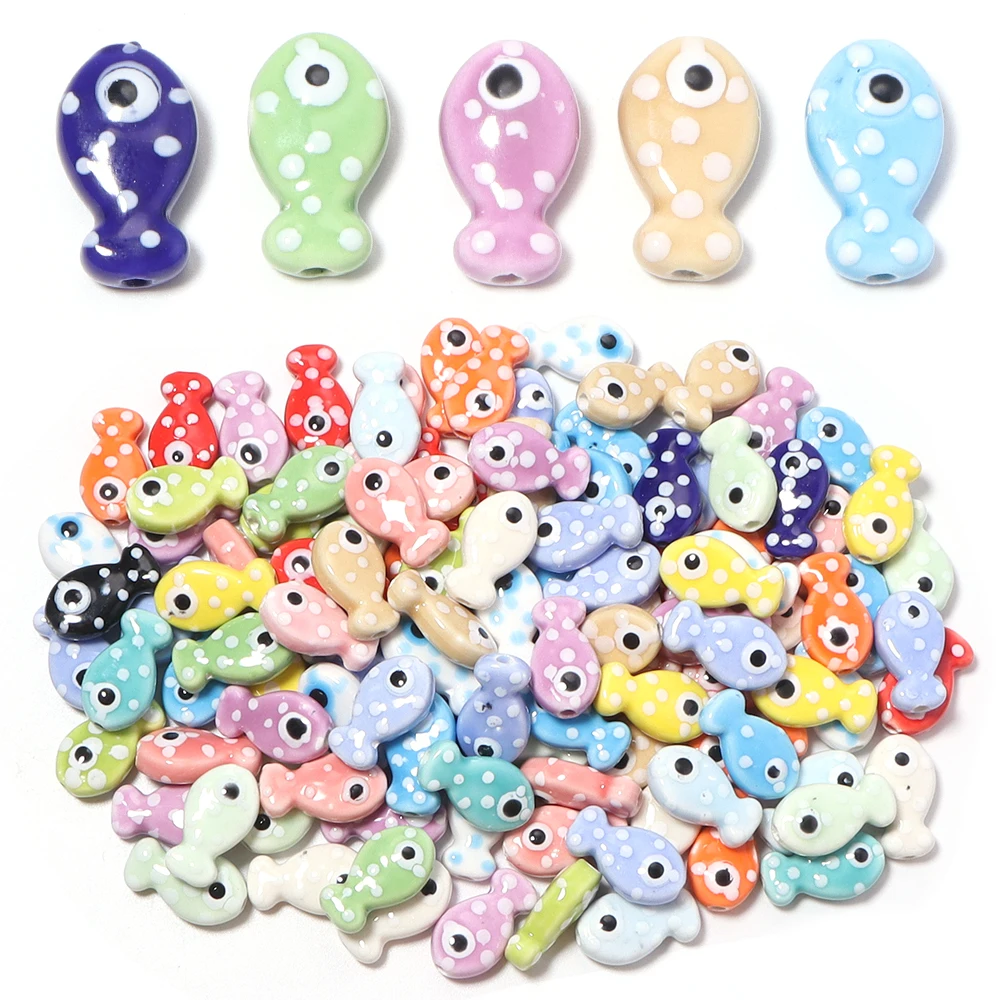 6 Stück/Set Retro Fischförmige Keramikperlen mit Farbpunkten, lose Porzellanperlen für Schmuckherstellung, DIY Armband, Ohrringe, Dekoration