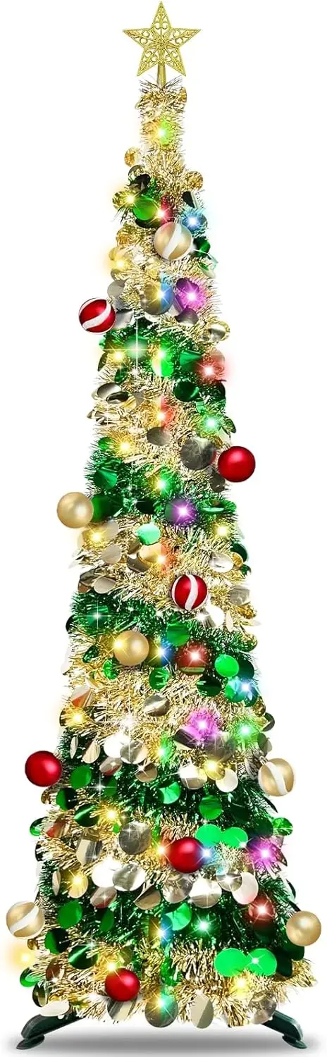 

6FT Lighted Christmas Tree with Timer, 100 Warm White & Multicolor Lights, Battery Powered 3D Star, Holiday Decoration