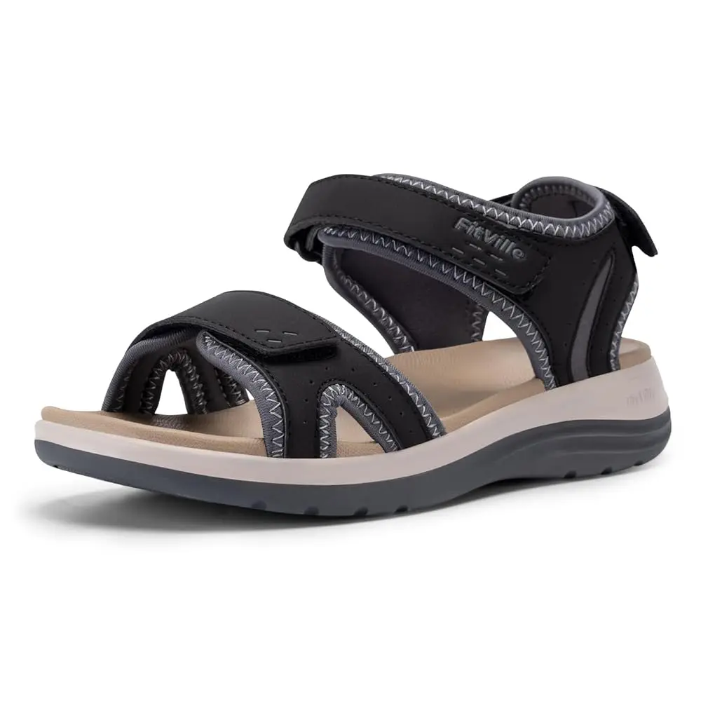 Women's Orthopedic Wide Sandals Strappy Arch Support Flat Sandals for Plantar Fasciitis & Swollen Feet | Adjustable Ankle St