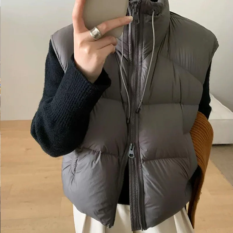 Autumn Winter Stand Collar Drawstring Down Vest Female Double Zipper Warm Waistcoats Women White Duck Down Sleeveless Puff Vests