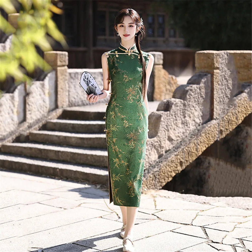 

Traditional Mandarin Collar Cheongsam Chinese Style Dress Lady Sexy Sleeveless Long Qipao Classic Oriental Costume Vestidos
