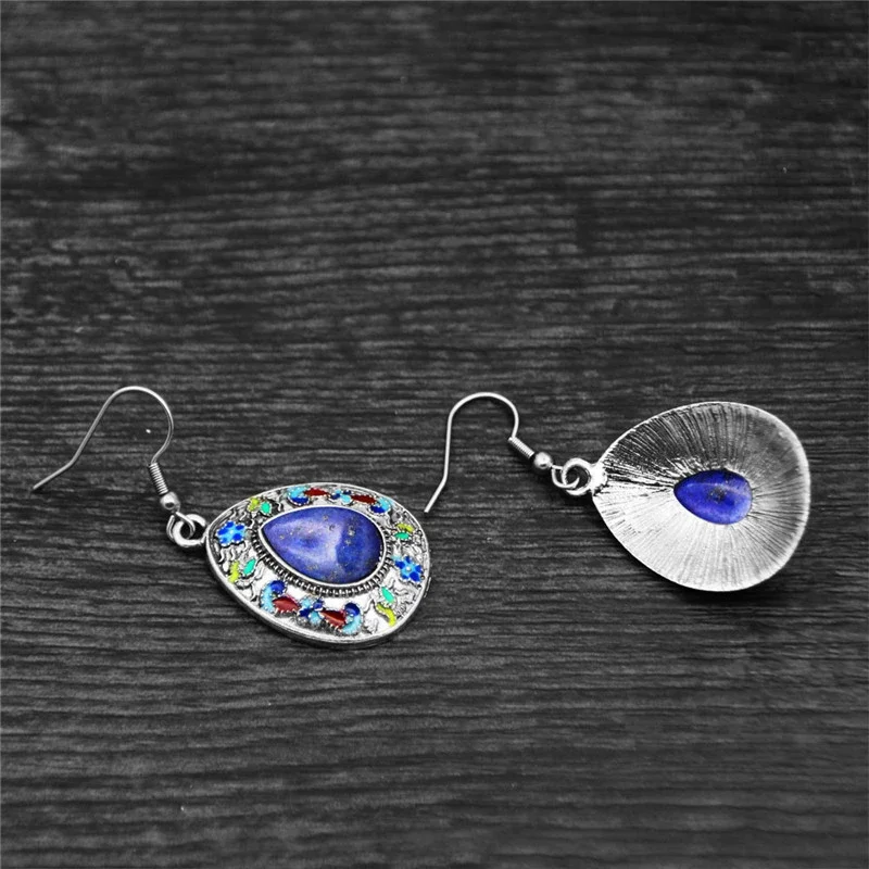 Vintage Water Drop Quartz Lapis Earrings For Women Bohemia Painting Craft Flower Natural Stone Stainless Steel Hook Earring