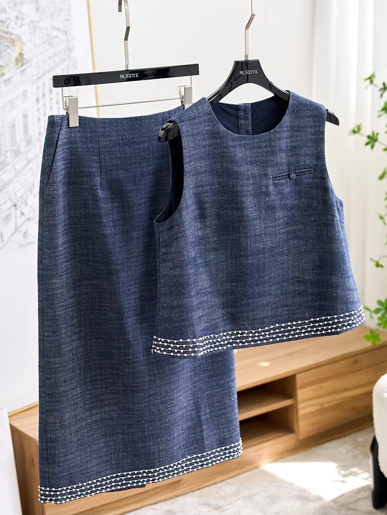 

Комплект из джинсовой ткани Hanflax: вышитый жилет и юбка с богатой отделкой, удлиненный топ и юбка средней длины, модный комплект из двух предметов