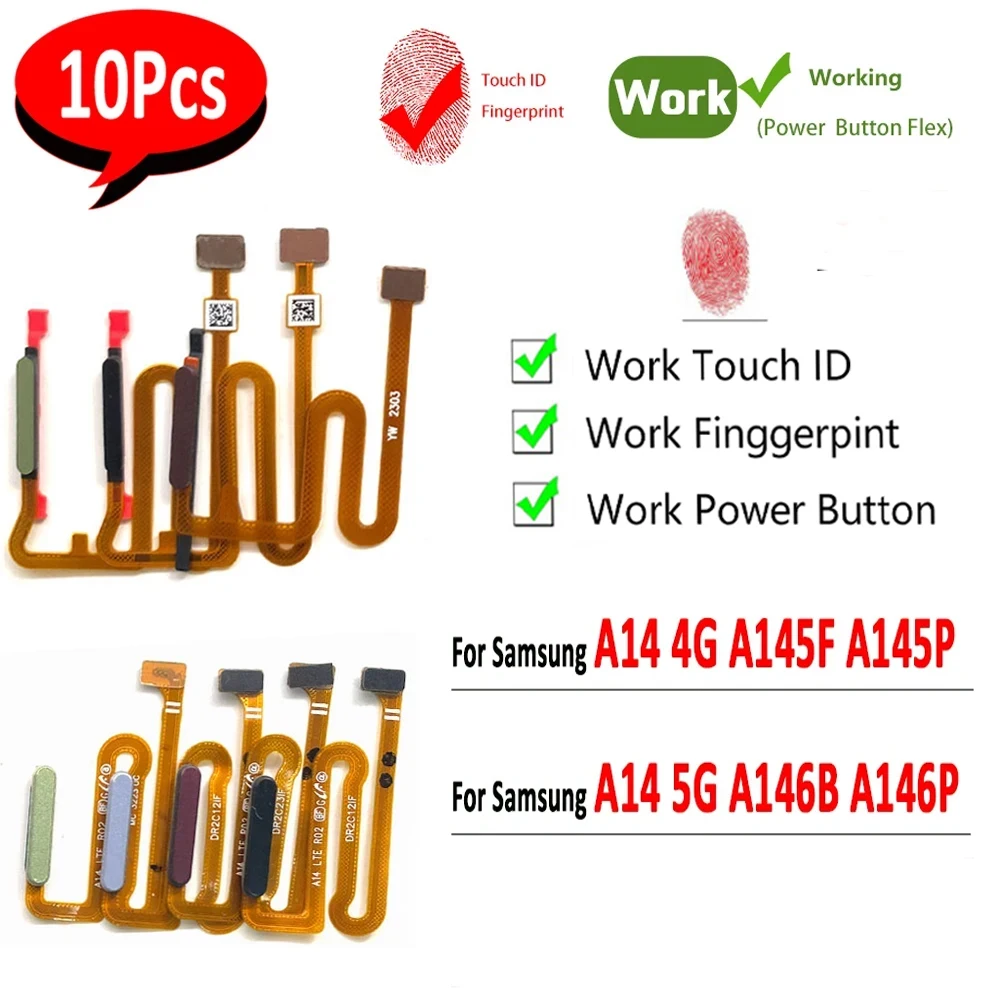 

10Pcs，NEW For Samsung A14 4G A145F A145P 5G A146F A146P Fingerprint Touch ID Power Switch ON OFF Home Button Side Key Flex Cable