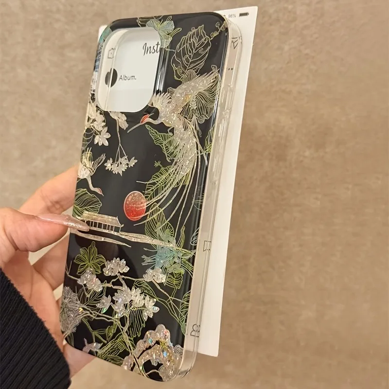 Sparkling Glitter Chinese Style Landscape Crane Phone Case For iPhone 11 12 13 14 15 16 17 Pro Max XS XR X 7 8 Plus Soft Cover - náhled 3