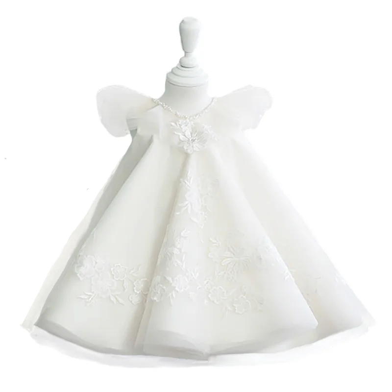 Baby Girls White Satin Empire Flower Girl Dress for Wedding Tulle 1st Birthday Communion Ceremonial Jubille Gown for Junior Kids