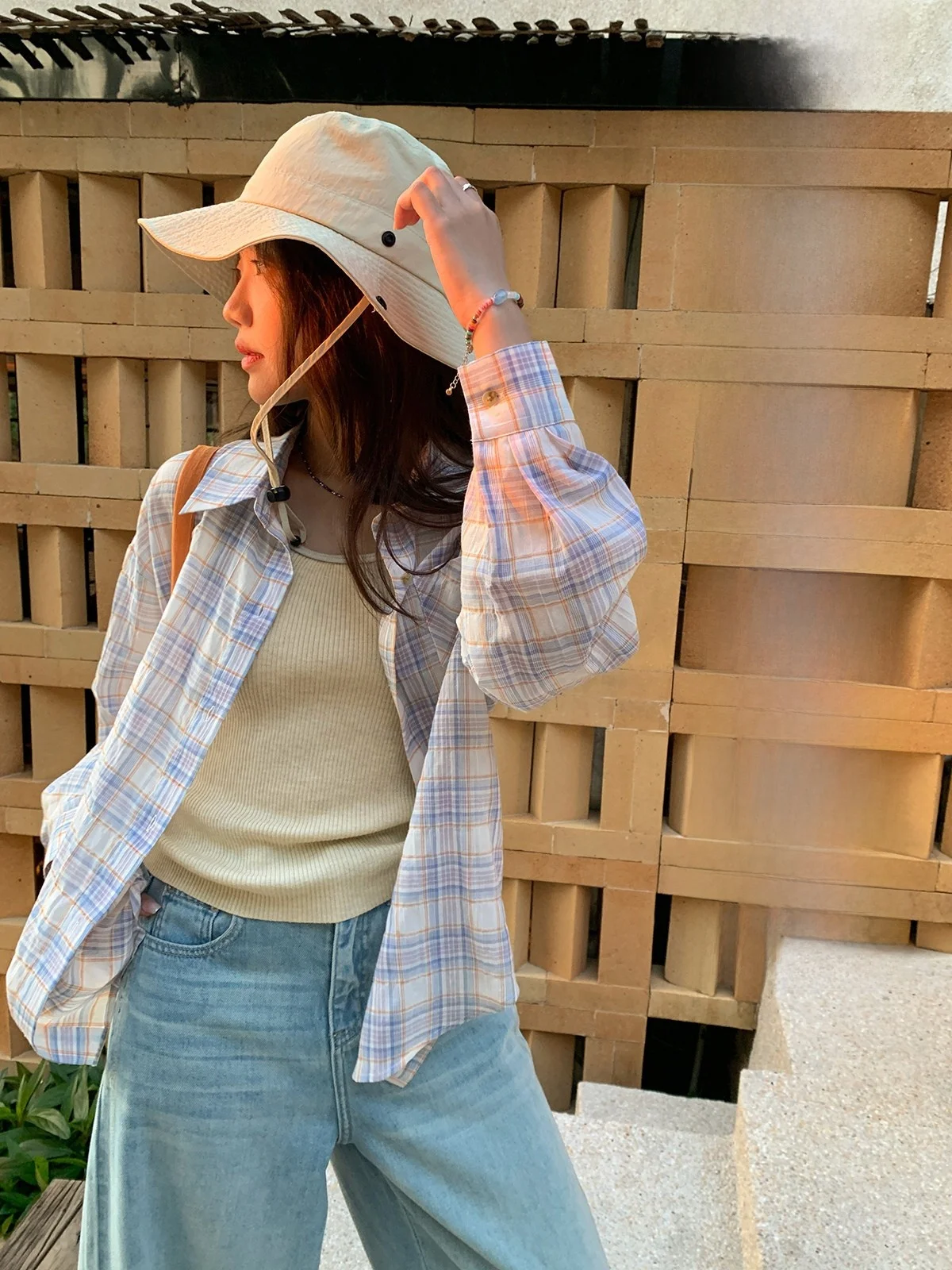 

Корейская свободная женская рубашка Sisilyon с защитой от солнца, в клетку, для комфортного отдыха, весна-лето, дышащая, хлопковая, с длинным рукавом