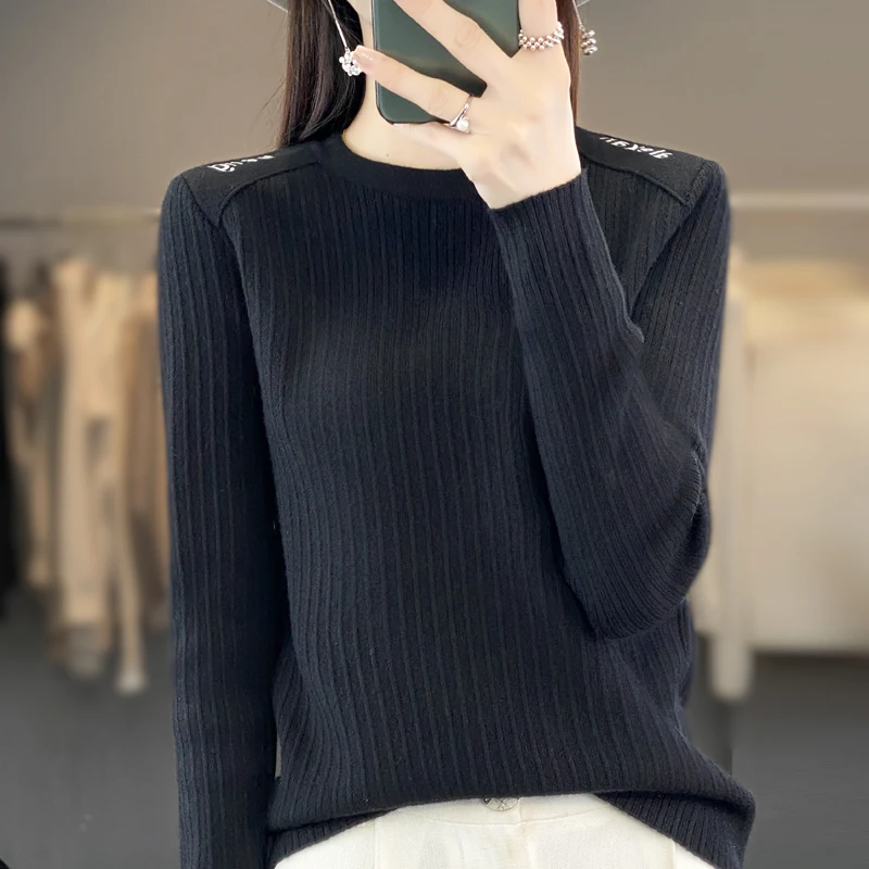 100% Pure Cashmere Sweater Women's Round Neck Pullover Casual Knit Top Autumn And Winter Women's Long Sleeve Top Sweatshir