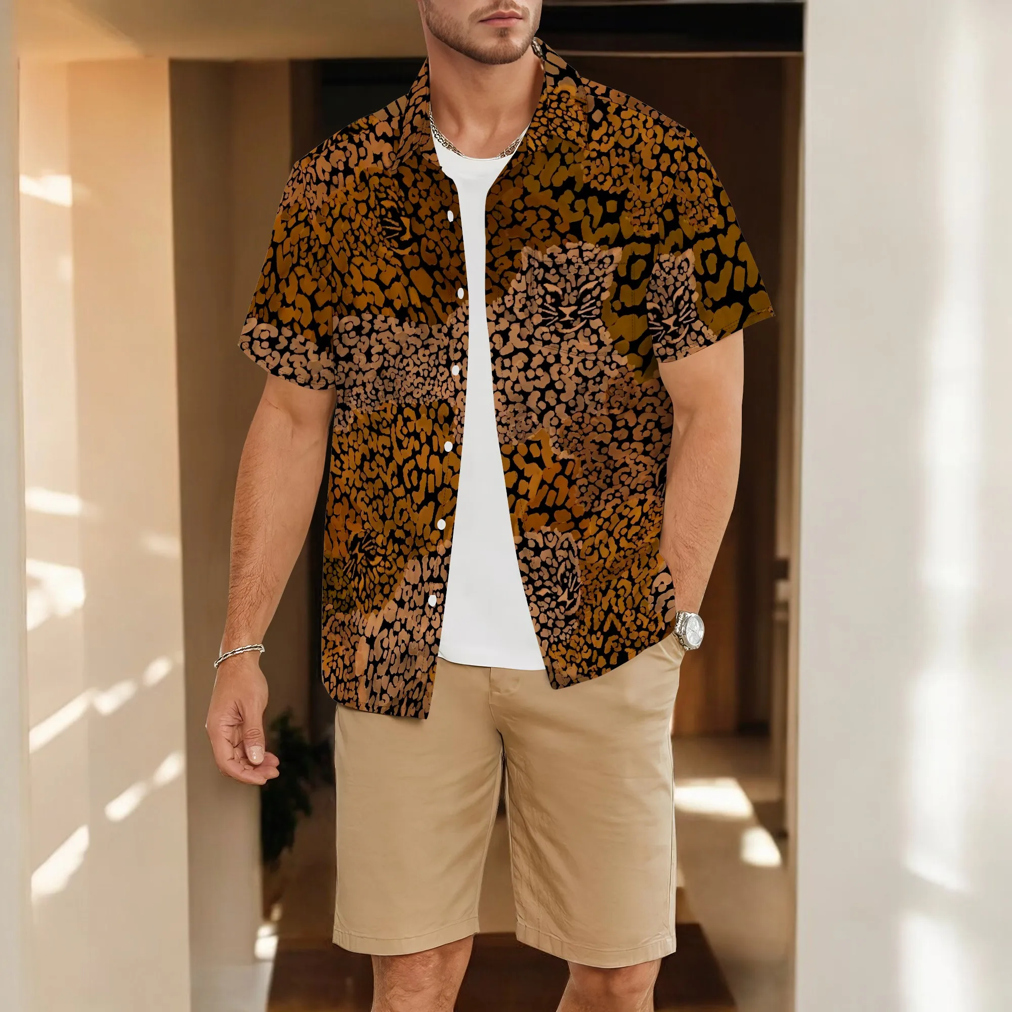 Men's Casual Striped Shirts Button Down Short Sleeve Blouse Summer Hawaiian Shirt S-3XL