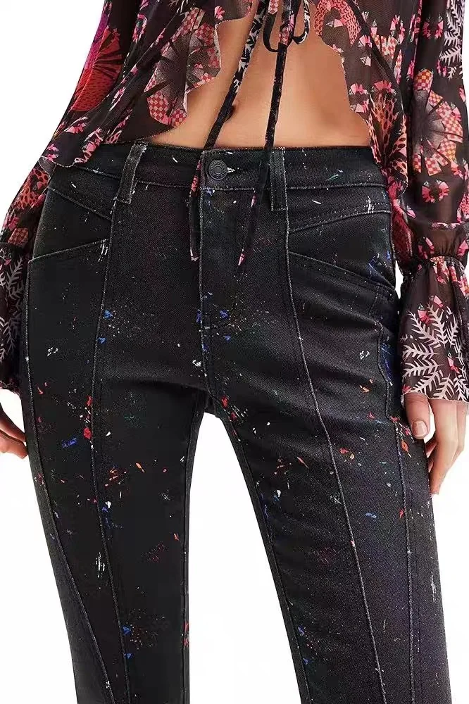 

Foreign trade original order: Spanish D women's jeans with high elasticity, splashed ink graffiti design, fashionable