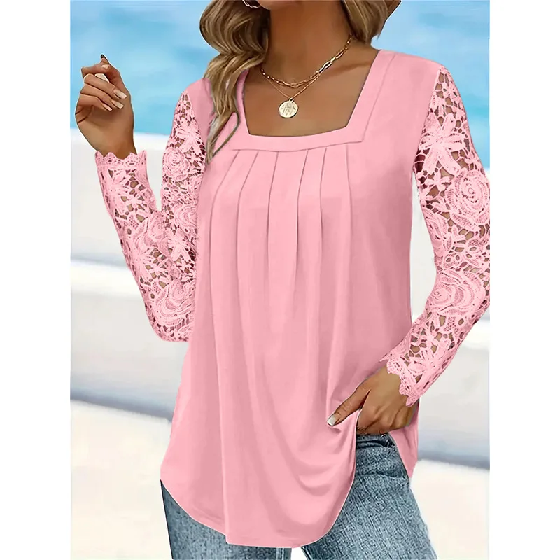 T shirt women 2025 fashion new fashion square-neck lace sleeve long-sleeved solid color top tshirt women's clothing