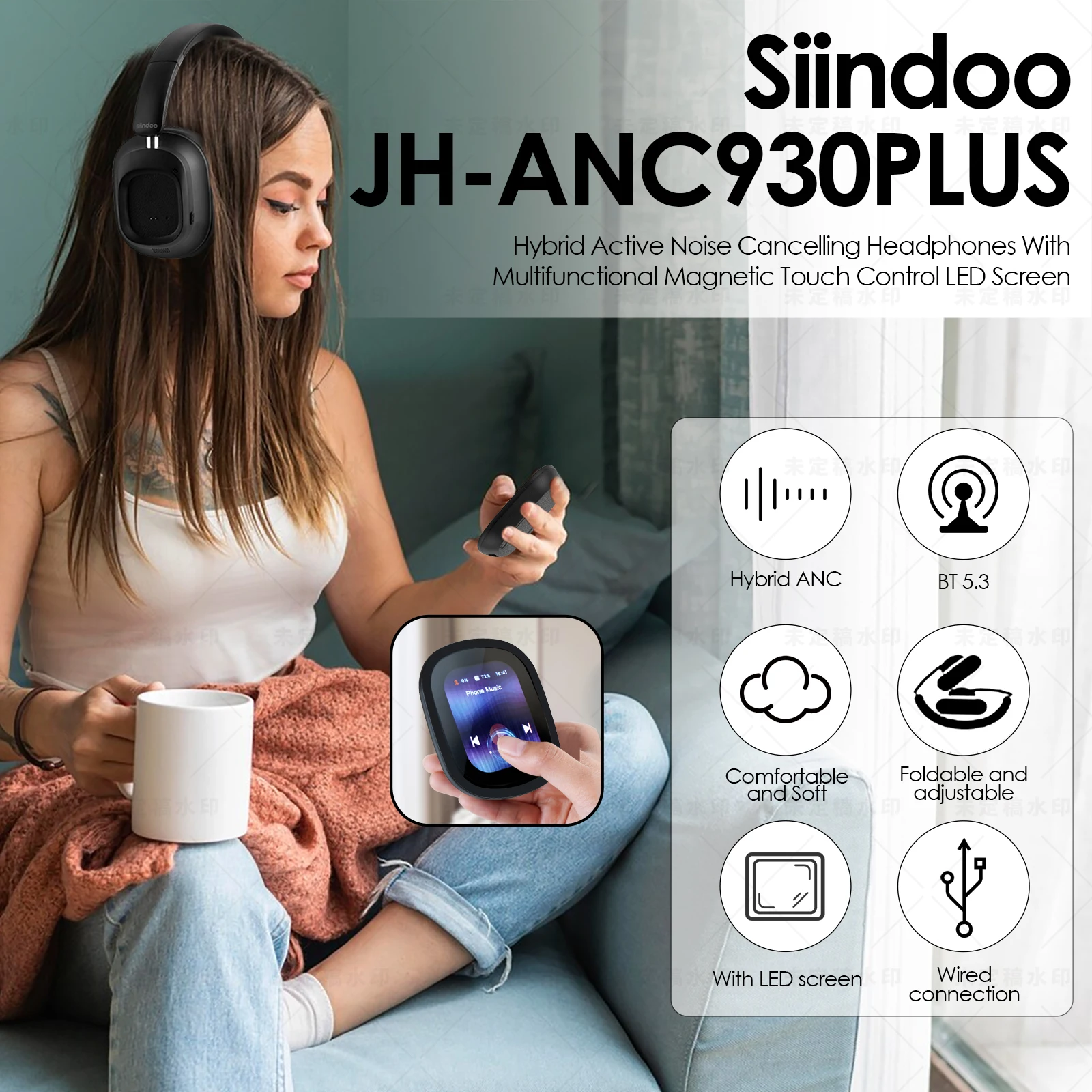 Siindoo Hybrid Wireless Headphone, JH-ANC930Plus Active Noise Cancelling Headphones With Multi Magnetic Touch Control LED Screen