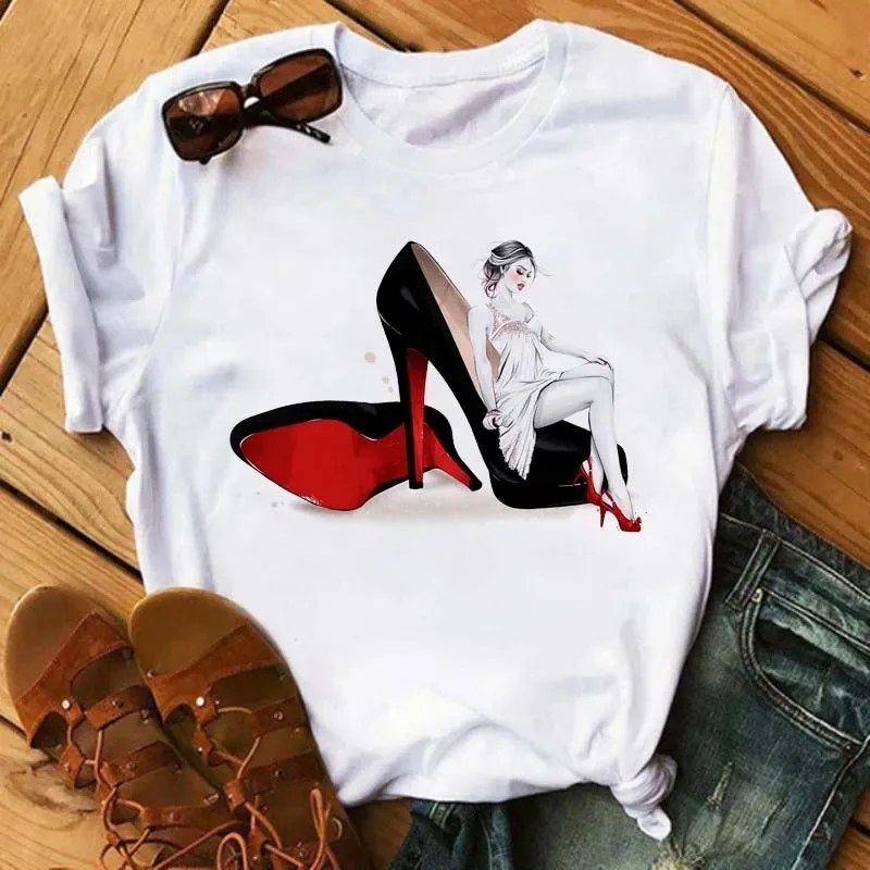 Pink High Heels Flowers Bag Print T Shirt Women Trendy Hipster Harajuk Kawaii Short Sleeves Tops Tee Shirt Femme Clothes
