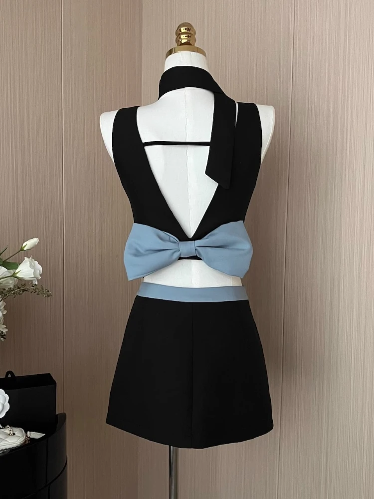 Summer Sexy Spice Girl 3-Piece Set Women 2024 New Bow Backless Contrast Ribbon Vest Top+High Waist Wide Leg Pants Or Skirt Suit