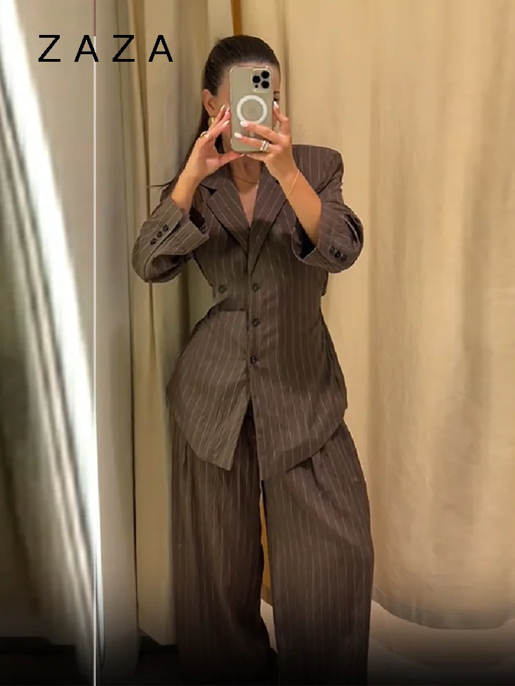 Vintage Brown Strip Blazer Jacket Pant Sets Padded Shoulder Slim Fit Suit Coat High Waist Casual Trousers 2025 New Autumn Outfit - Image 5