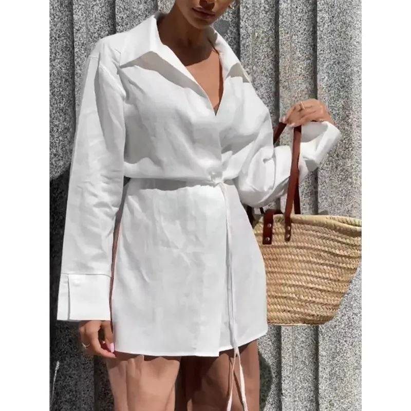 

Temperament White Long Sleeve White Shirts For Women 2025 Spring Autumn Lapel Loose Hem Split Long Shirt Casual Tops With Belted
