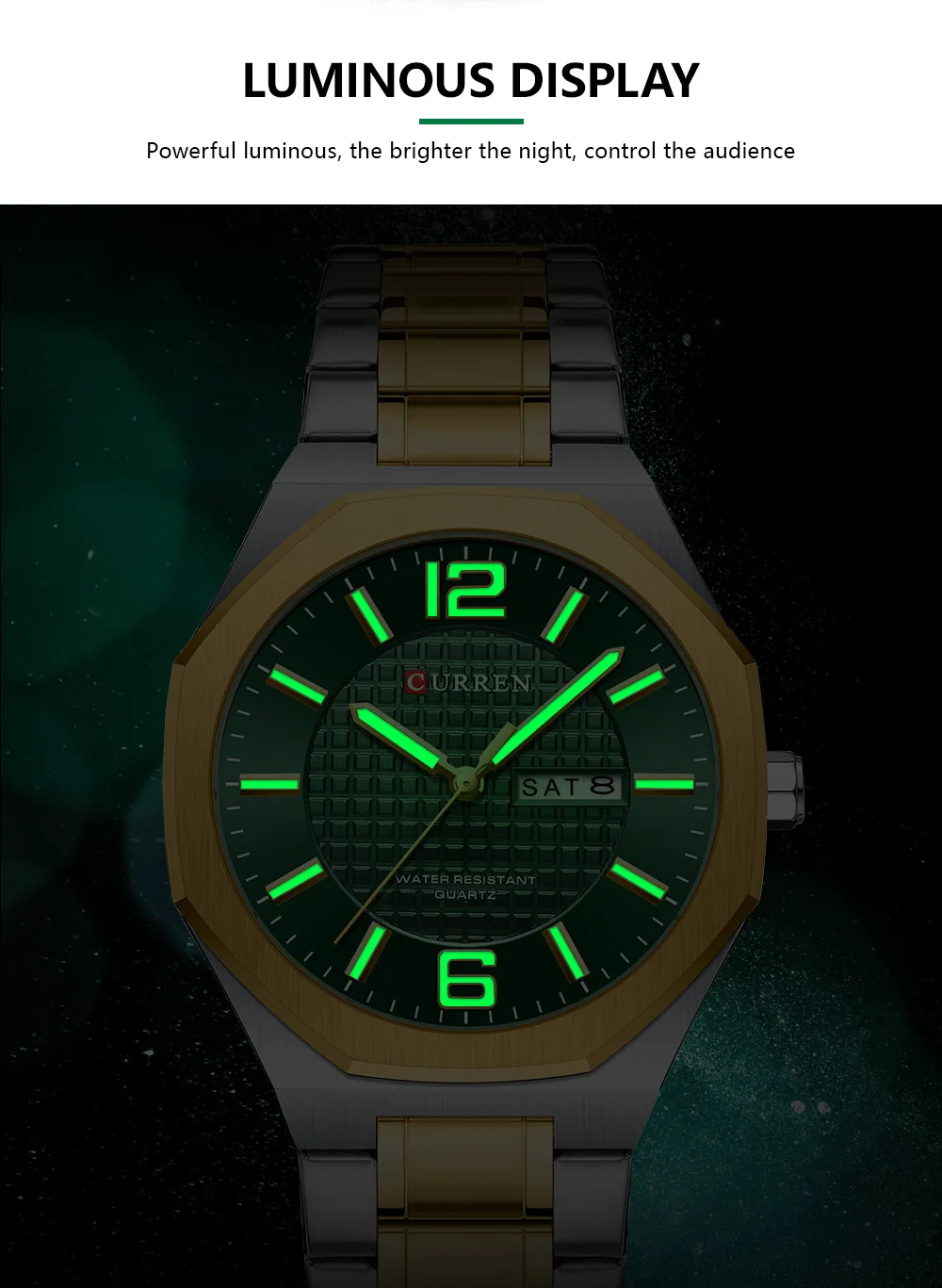 CURREN Herren-Businessuhr Quarz mit Tages- und Datumsanzeige, Edelstahlarmband, schlanke Armbanduhr für Männer, Leuchtzeiger – Detail 6