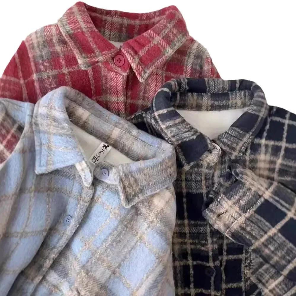 الرجعية الأمريكية النبيذ الأحمر نحى منقوشة قميص سترة المرأة الخريف الشتاء فضفاضة تنوعا منتصف طول زر متابعة أعلى