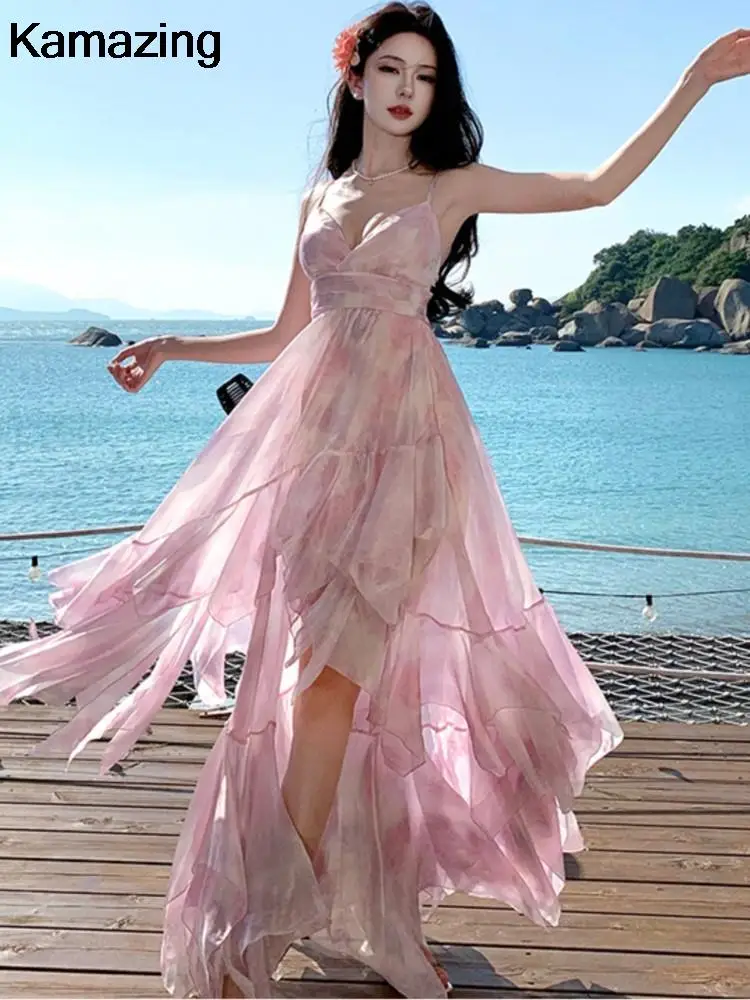 Korean Sweet Party Dress for Women Elegant Spaghetti Strap Backless Irregular Evening Dresses Female A-Line Vestidos New Outfits