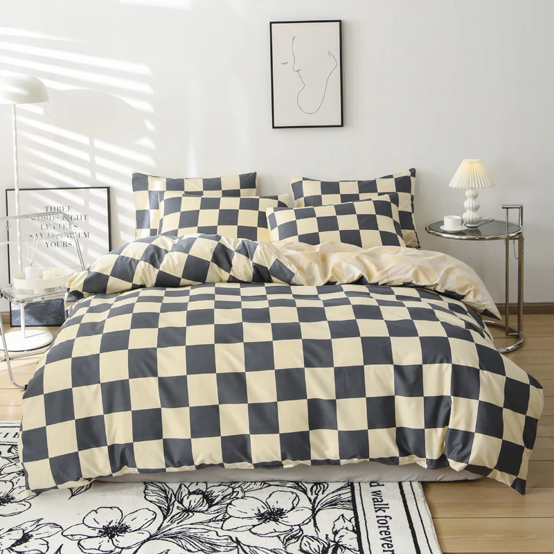 Juego de funda nórdica con estampado de patrón a cuadros de 3 piezas, juego de cama suave y agradable para la piel que incluye 1 funda nórdica y 2 fundas de almohada