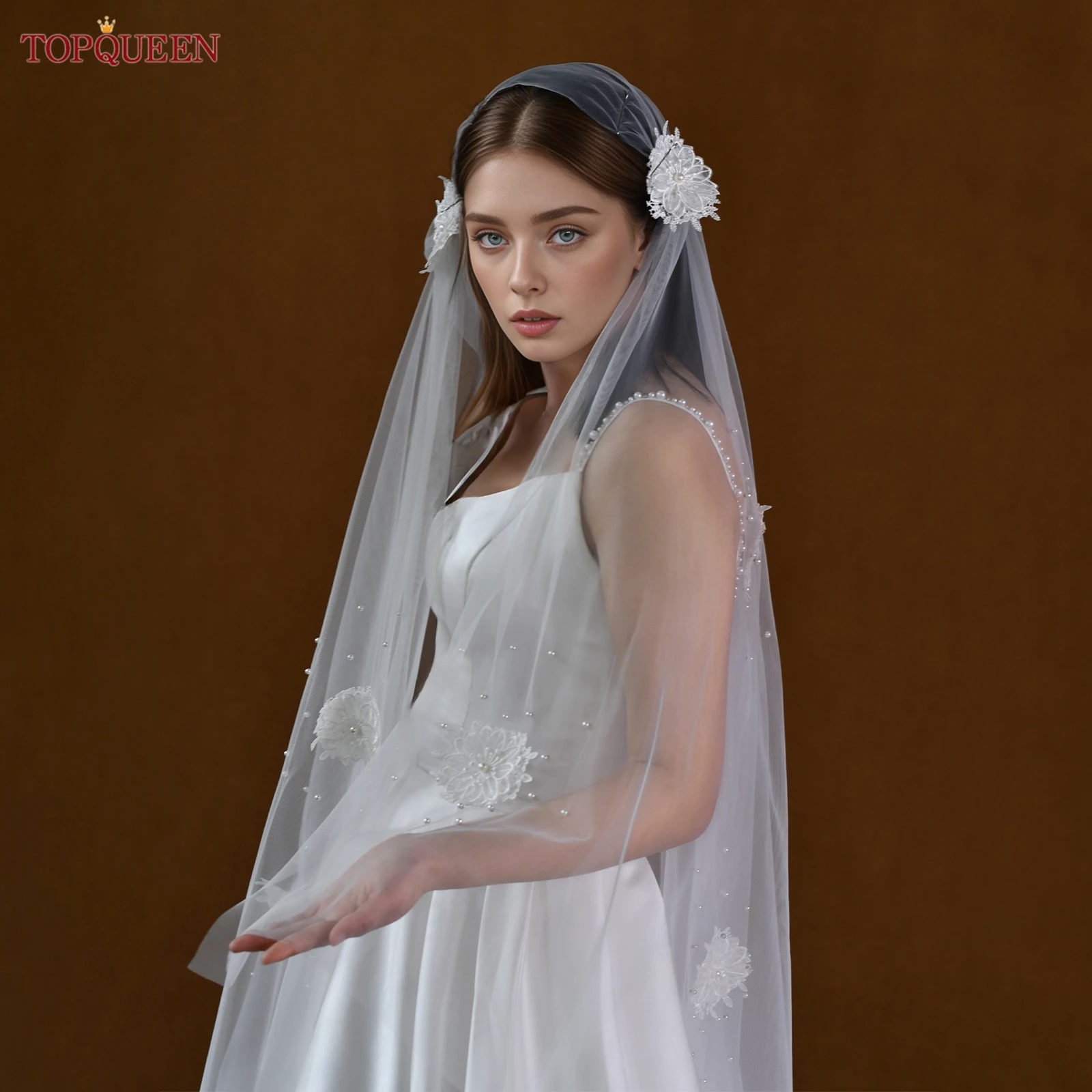 TOPQUEEN Romantic 3d Embroidered Flower Pieces Pearl No Comb Bridal Veil Wedding Accessories woman Birthday Party M165