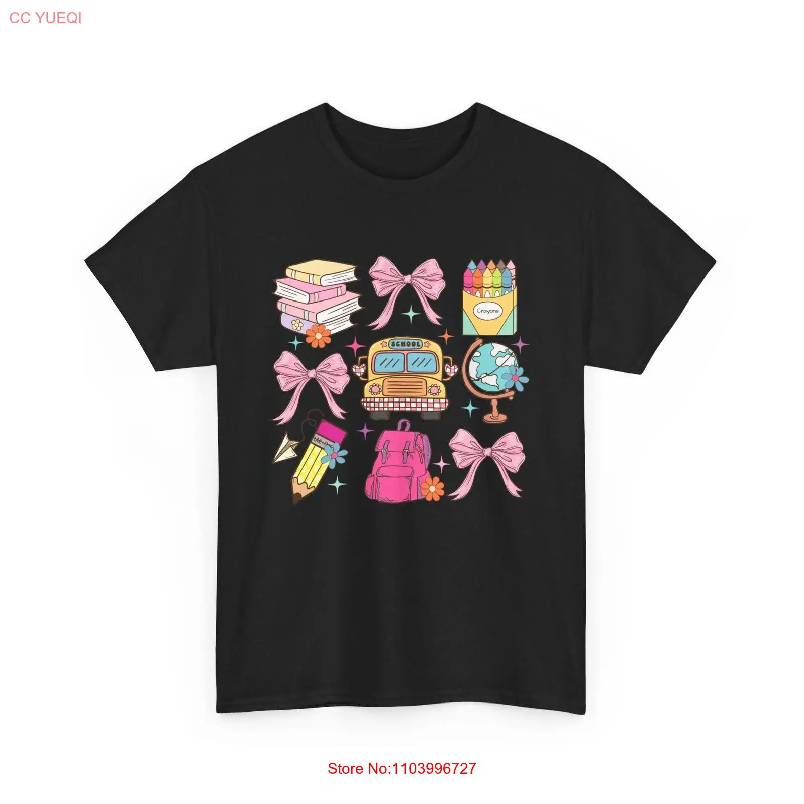 Back to School T-Shirt - Cute Pink Bows, Books, Crayons, Globe, Backpack & Bus