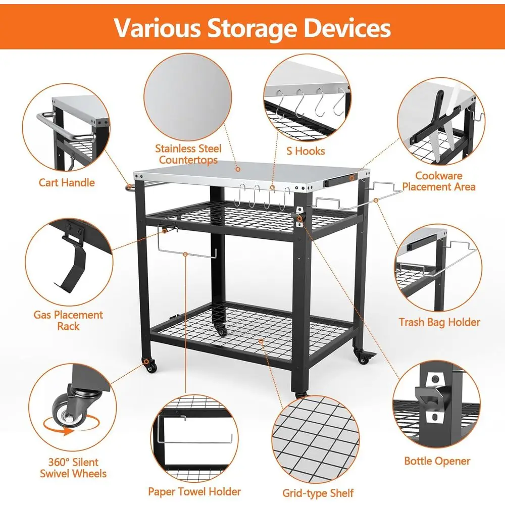 Stand Oven Pizza Ooni dengan Kapasitas 650 lbs, Troli Persiapan Tiga Rak, Troli Panggangan Luar Ruangan Beroda