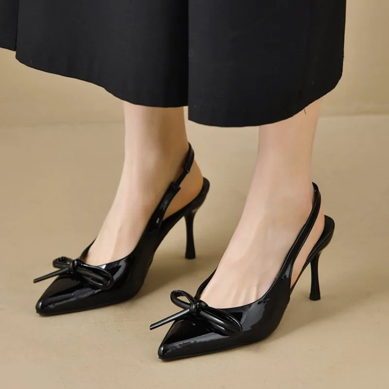 2025 nova chegada sapatos de salto alto de couro de patente feminino stiletto com bowknot festa & sapatos formais elegantes sandálias stiletto