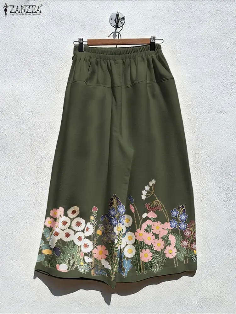 ZANZEA Womens Floral Printing Wide Leg Pants Elastic Waist Everyday Casual Loose Long Trousers Fall 2025 New Woman Clothes S-3XL