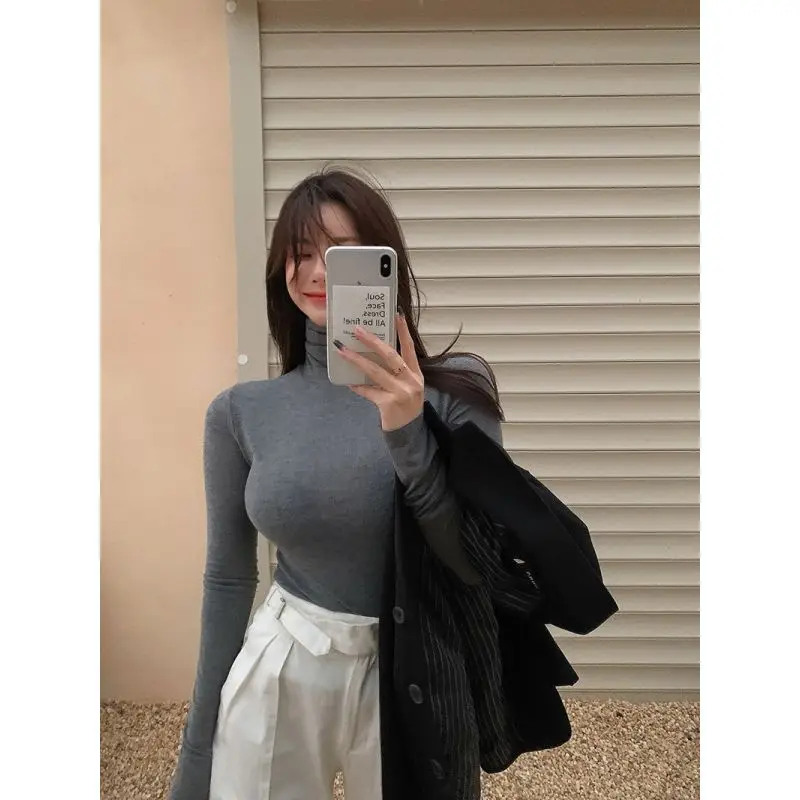 Wholesale Pile Collar Slim T Shirts Women Autumn Crop Top Turtleneck High Strecth Long Sleeve Basic Thin Skinny Solid T Shirt
