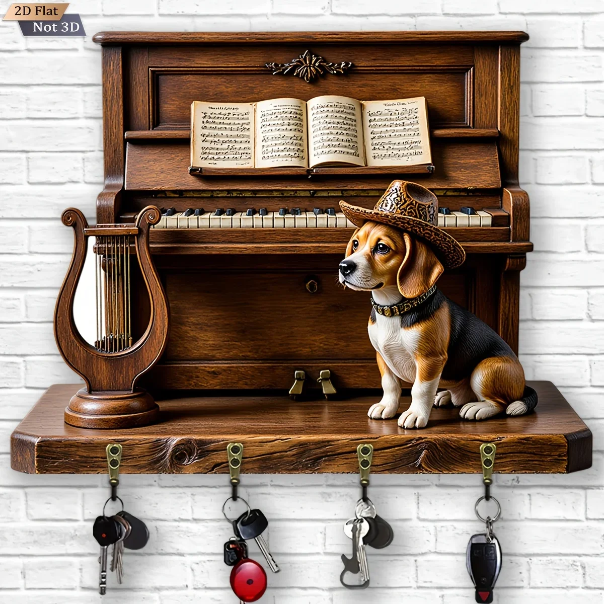 2D Flat, 1pc, Retro Music Puppy Theme Style Key Hook Wooden Multifunctional Home Key Rack with Four Metal Hooks, Wall