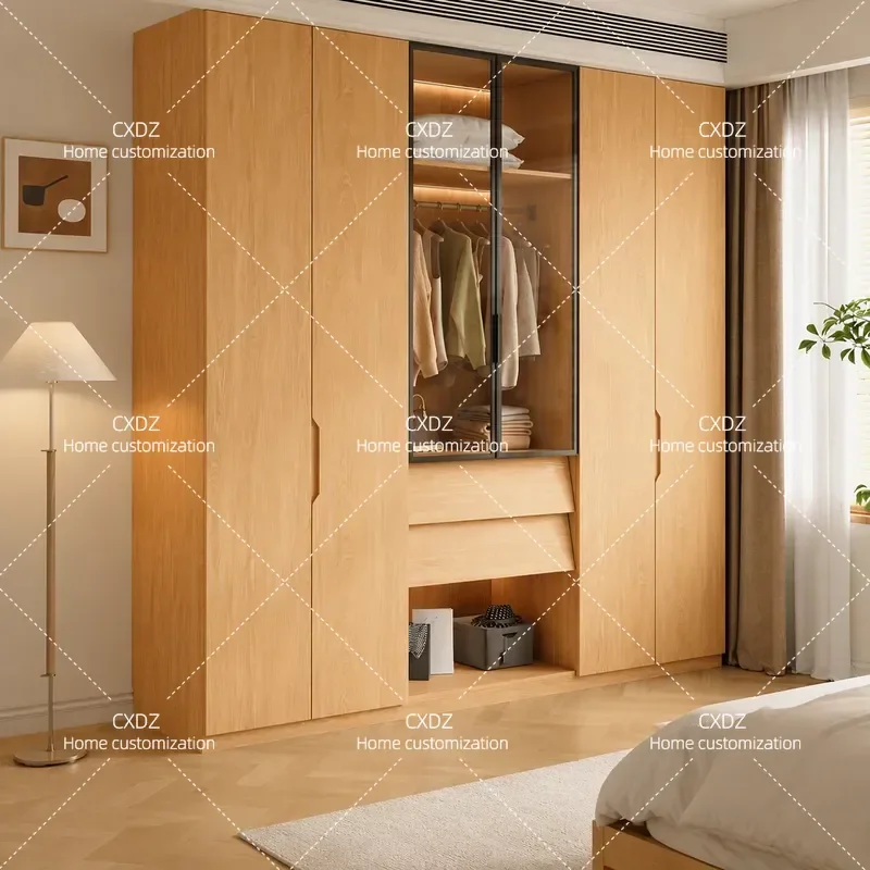 2026 New Solid Oak Wood Wardrobe Simple Log Design Windshield Door Storage Cabinet for Home Bedroom Furniture