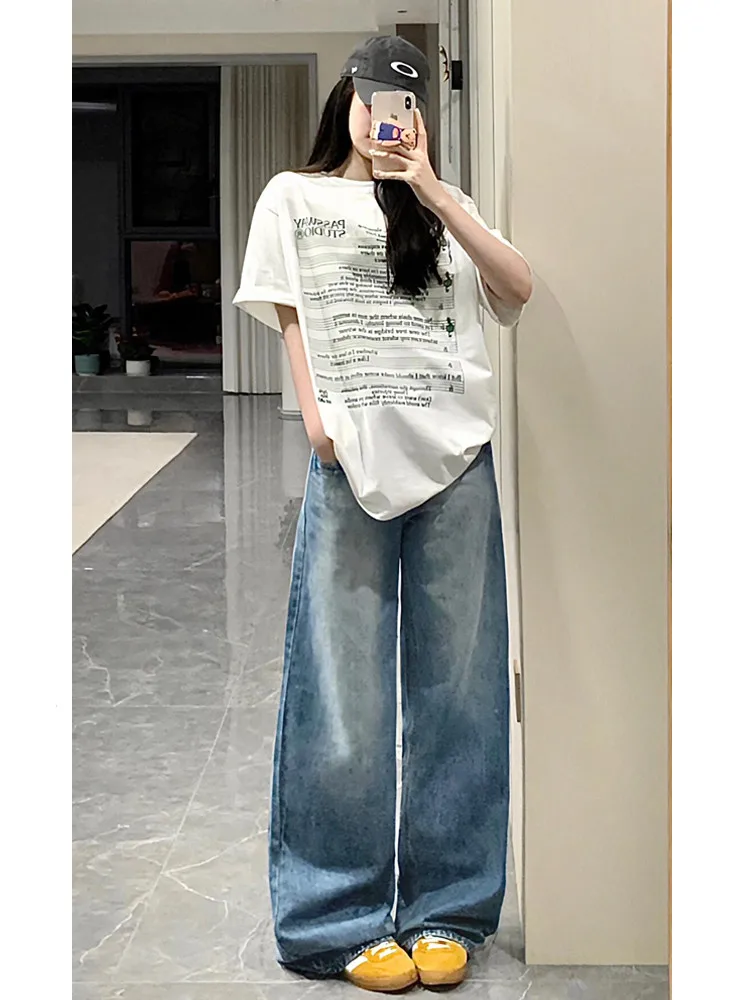 

American Style Cracked High Waist Extended Light Blue Low Waist Wide Leg Jeans Women Summer Loose Slimming Floor-Length Pants