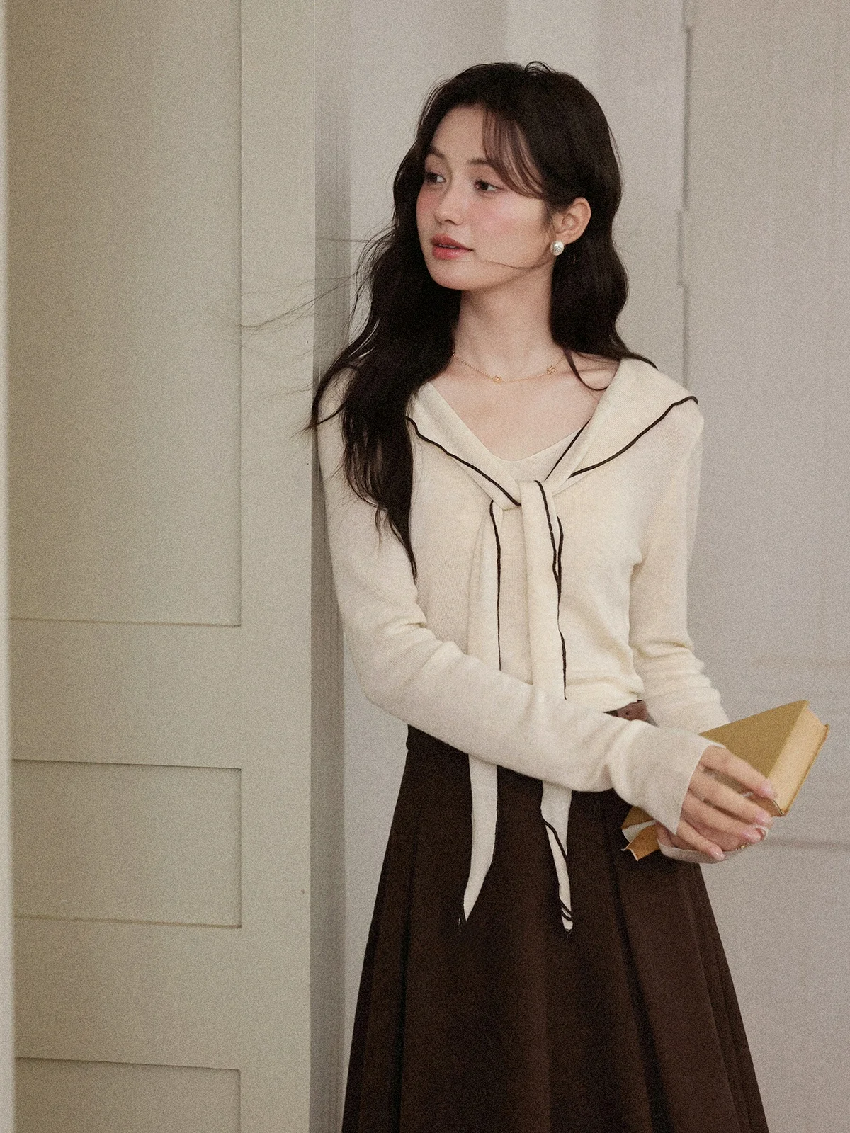 

South Deer Mint Thought Oaeal Long Sve Navy Collar Knitted Sweater Commute Top Women Regular Fit Korean Sle Autumn