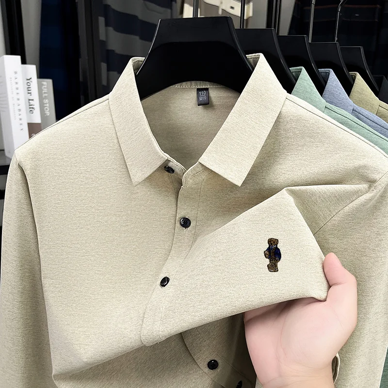 High-End Man Long-Sleeved Shirt Lapel Single-Breasted Bear Embroidery Spring New Shirt Fashion Versatile Leisure Men's Clothing