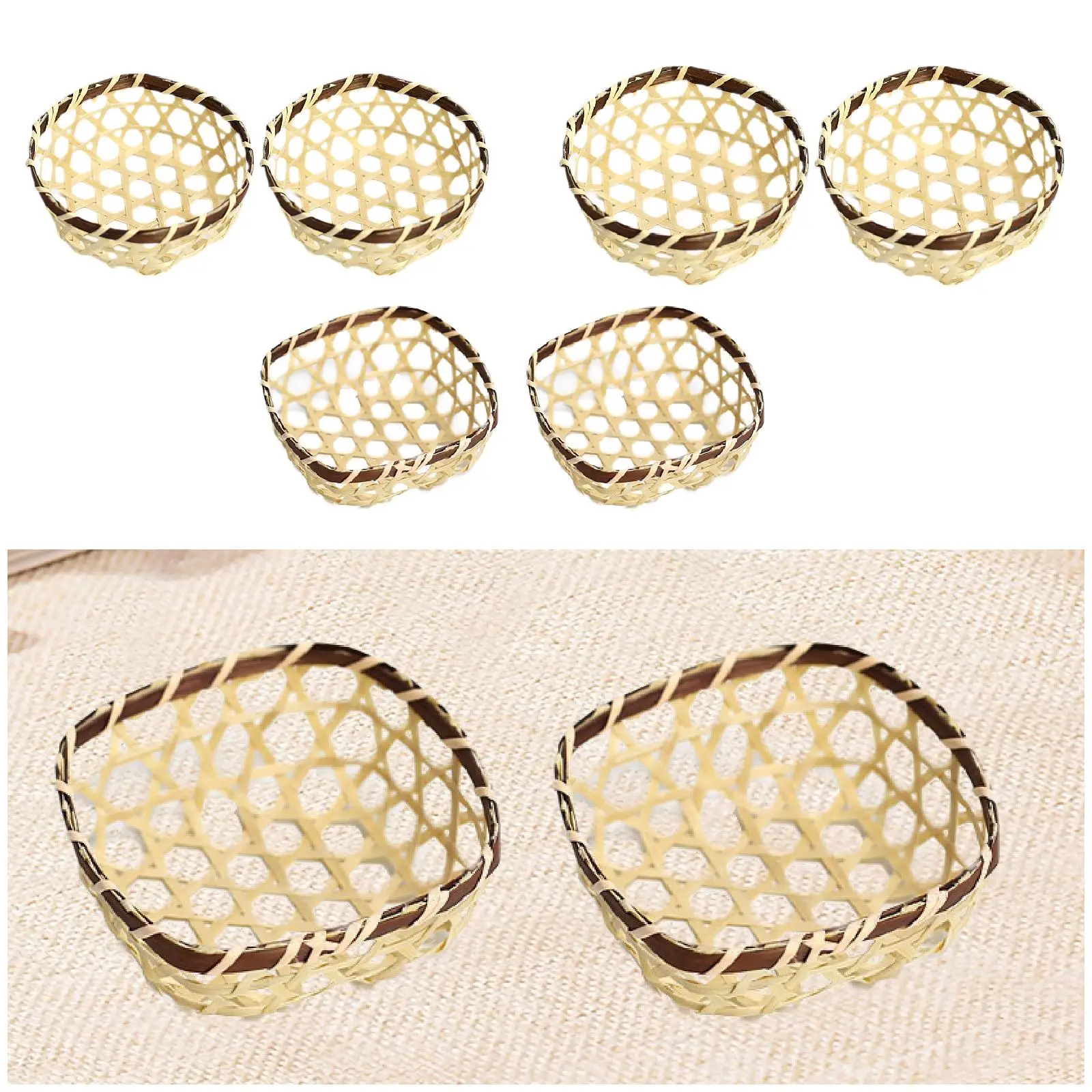 2x Bamboo Serving Basket Tray Handmade Multipurpose Decorative Rustic Farmhosue Woven Baskets Mini Serving Baskets Wicker Basket