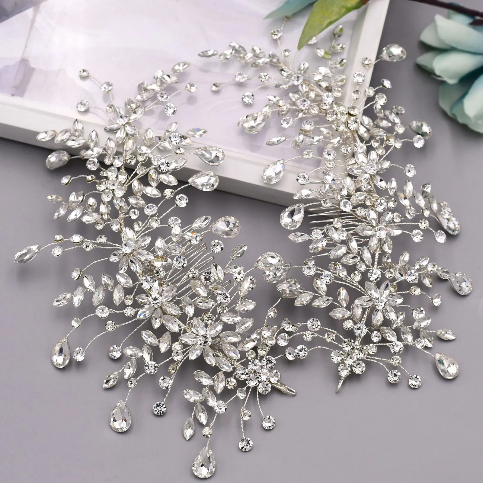 Pair For Wedding Hairbands With Rhinestone Silver Color Woman Hair Accessories With Hair Comb Bridal Head Jewelries Elegant