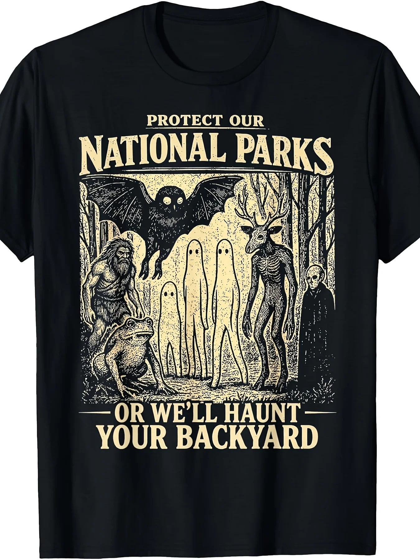 Protect Our National Parks, Mothman Mysterious Creature Grotesque Nuclear Horror Wind T-Shirt, Vintage Casual Crew Neck Print T-Shirt