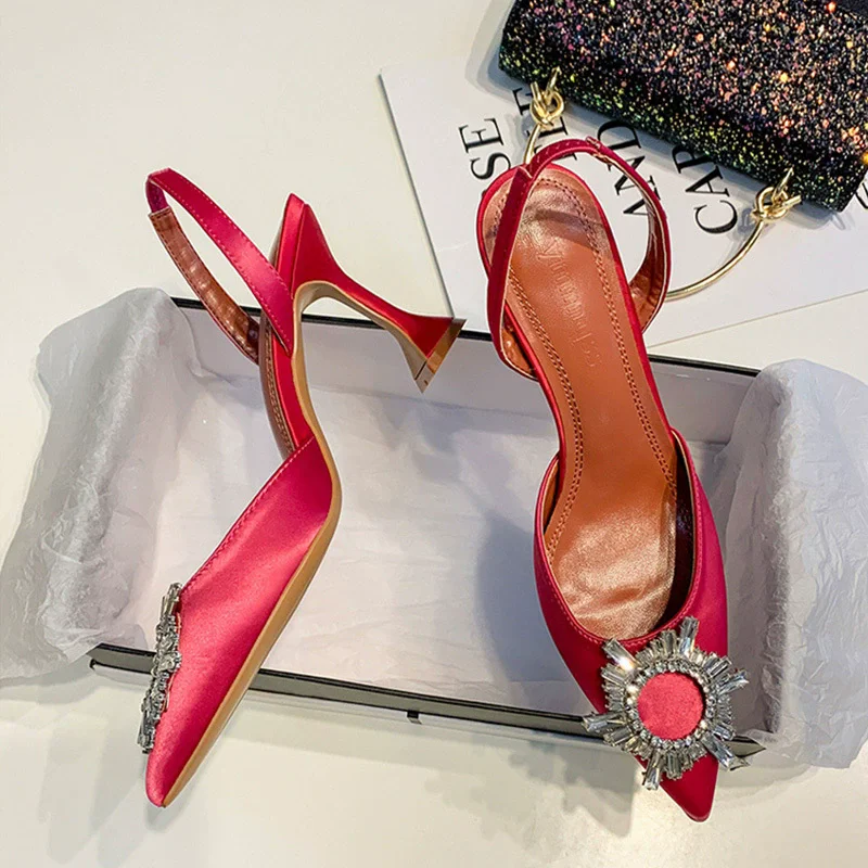 Spring and summer pointed silk rhinestone sunflower wine glass and fashion slippers banquet large size high-heeled women sandals