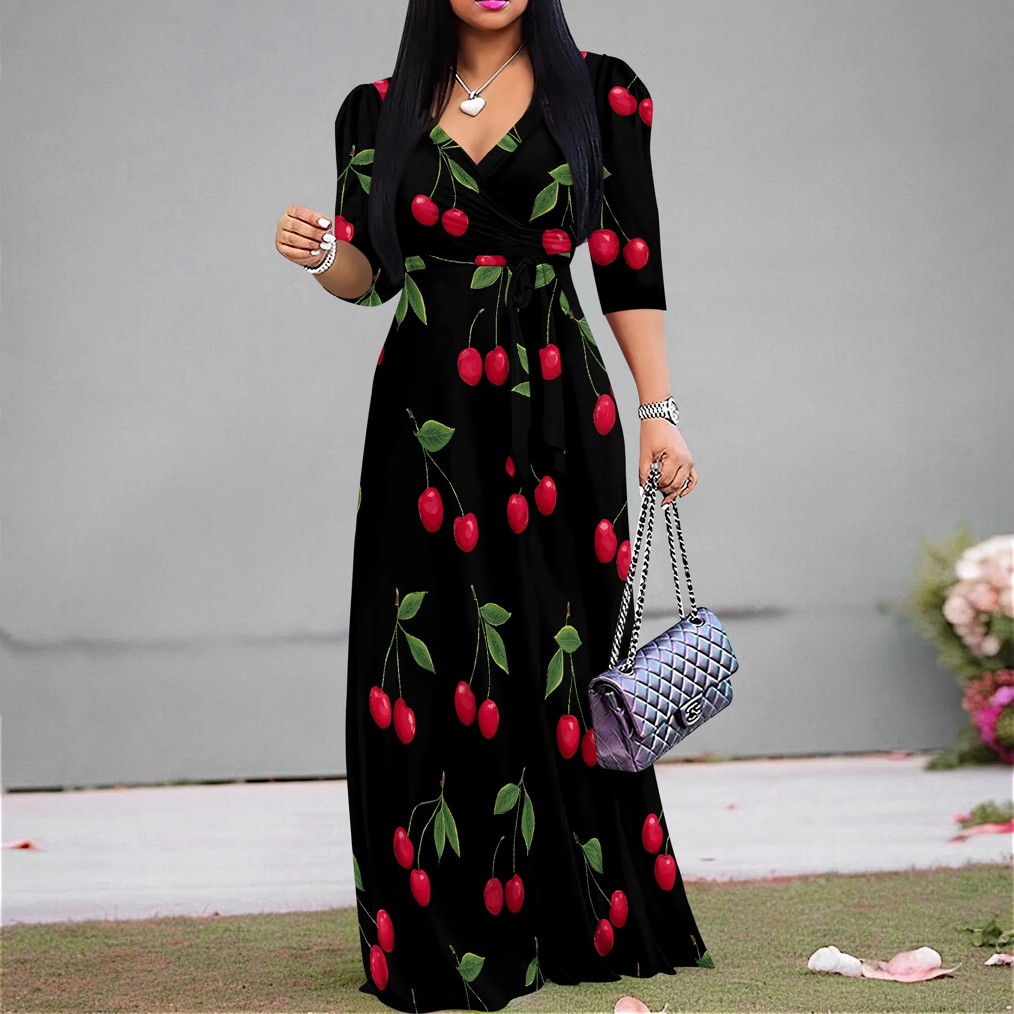 Women's Floral Print Maxi Dresses Summer with Pockets Casual 3 4 Sleeve V-Neck Wrap Tie Waist Long Dress