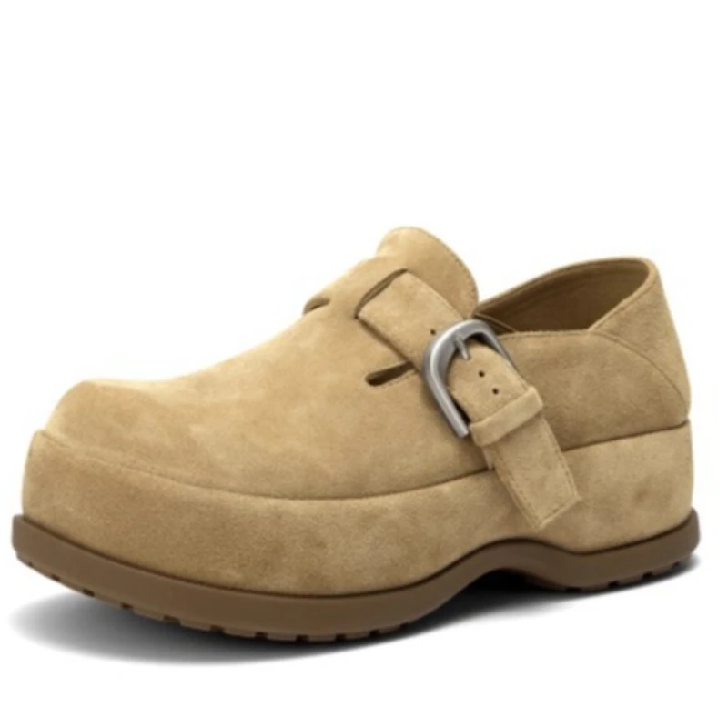 Khaki Loafers Slip-On Vintage Shoes for Women's Handmade Thick-sole Height Increasing Shoes Two Wear All-inclusive Half Slippers