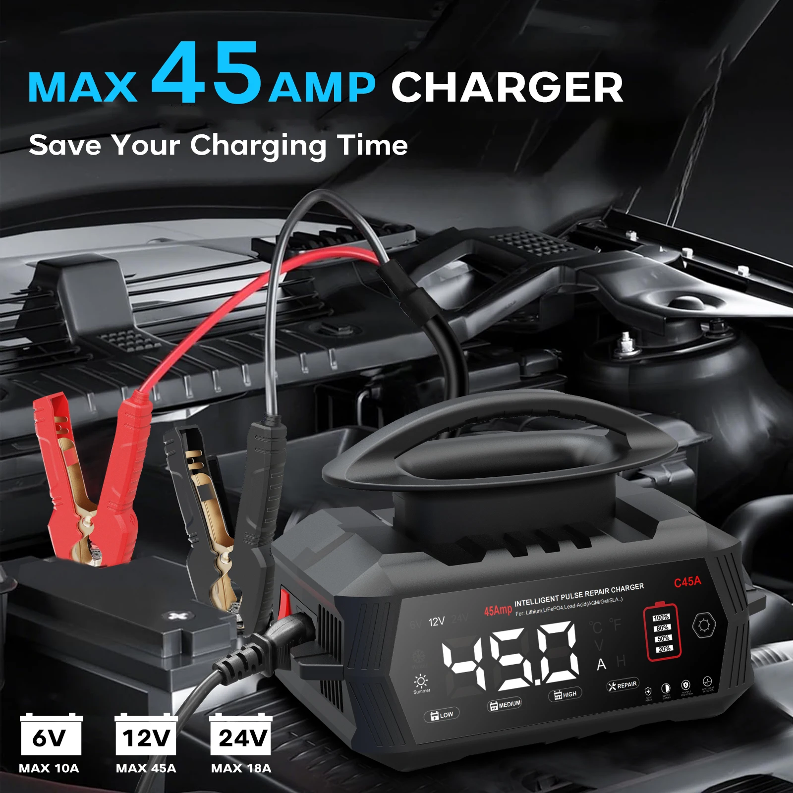 Nová přenosná nabíječka autobaterií 45A 6V/12V/24V pro automobilové motory, lithiové LiFePO4, olověné AGM, mokrá 9stupňová inteligentní nabíječka - náhled 4