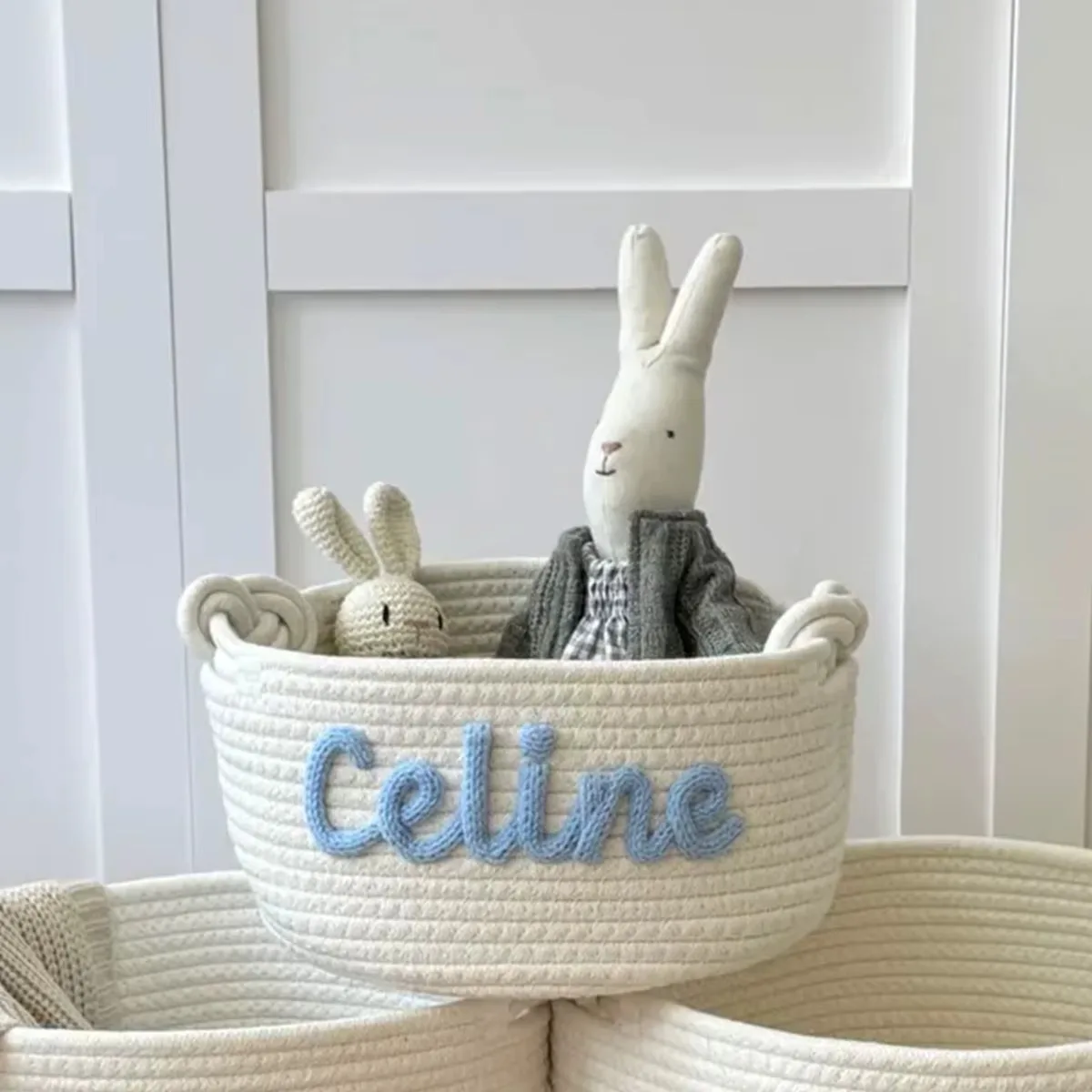 Custom Name Embroidered Cotton Rope Basket, Handmade Round Storage Bin, Personalized Nursery Decor, Baby Shower & Christmas Gift