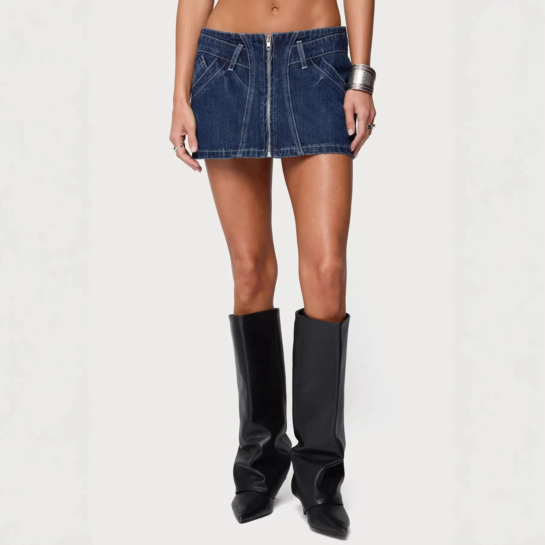 Women Dark Blue Solid Color Sexy Casual Trendy Zipper Above Knee Length Denim Skirts European American Style Fashion Jean Skirts