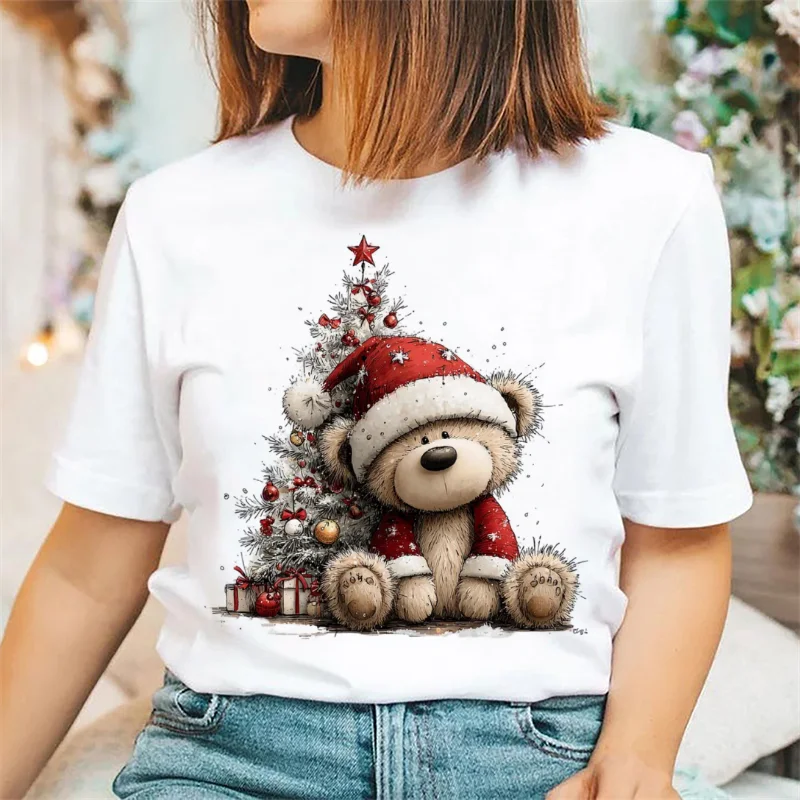 Christmas Bear Hug Gift Women's Printed Pattern Casual Short Sleeve Top Style White T-Shirt Cute Cartoon Printed Clothes T-Shirt
