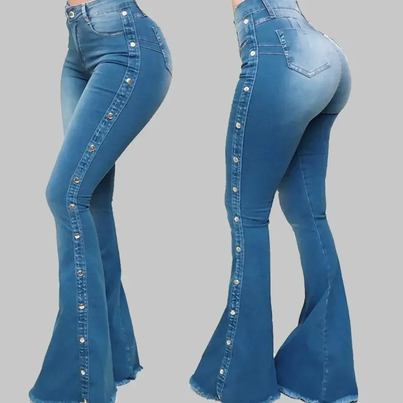 Jeans High Waist Strecth Denim Flare Pants Women Vintage Trousers Buttons Denims Streetwear 2026 Autumn Female Floor Length