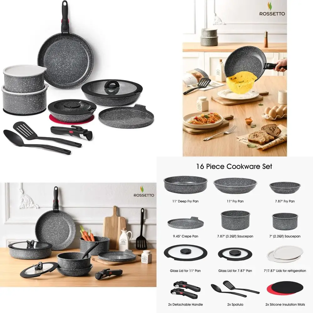 

16pcs aluminium nonstick pots and pans set from france with detachable handle, stackable, ceramic rv kitchen cookware sets remov