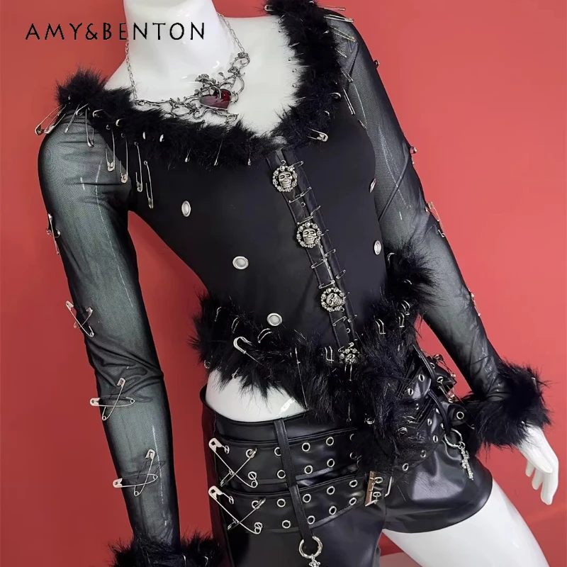 

European American Subculture Y2K Sexy Hot Girl Women's Top 2025 Winter Punk Rock Burr Edge Splicing Slimming T-Shirt Tops Ladies